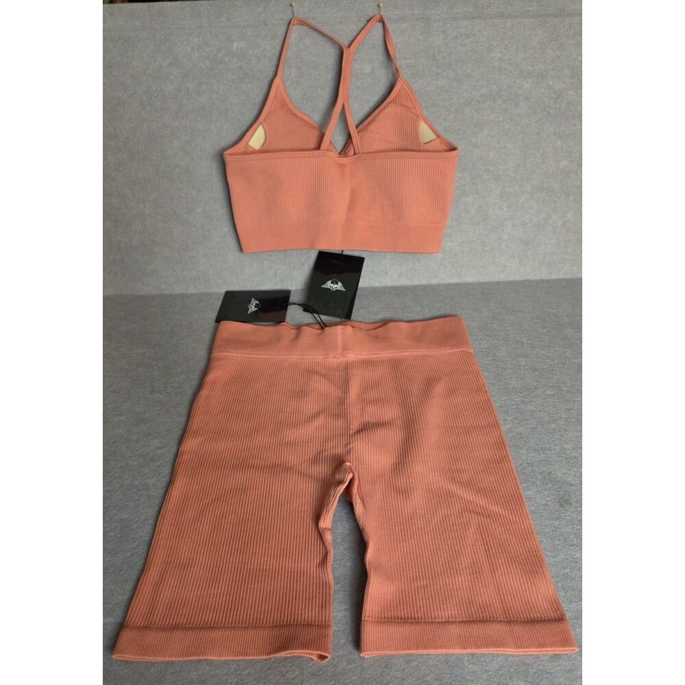 CIVIL REGIME No Tomorrow Medium Coral Ribbed Sports Bra Biker Shorts Set NWT - Picture 2 of 7